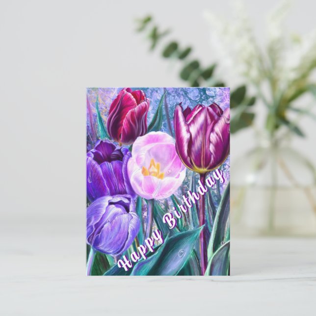 Postale Carte d'anniversaire avec tulipes colorées (Debout devant)