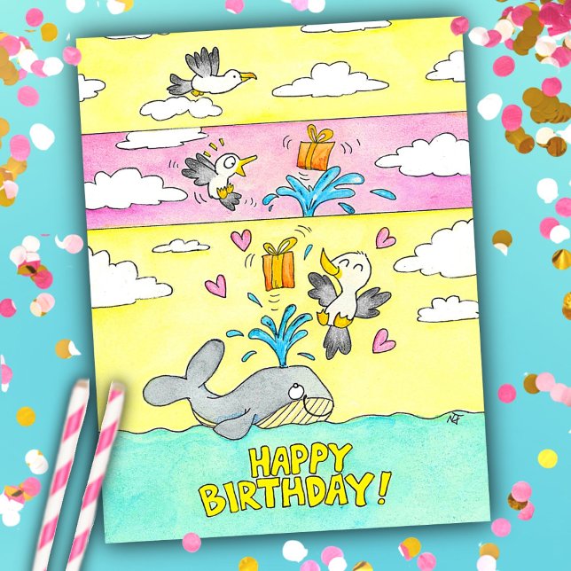 Postale Carte d'anniversaire Baleine et Mouette Joyeux Ann (Créateur téléchargé)