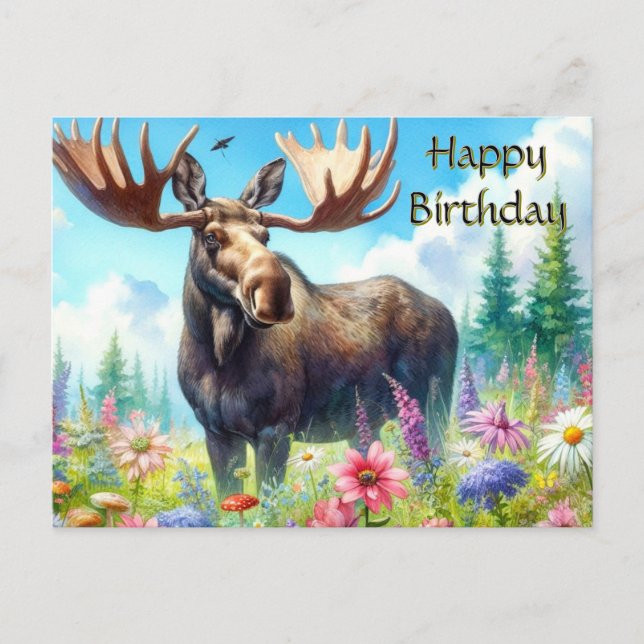 Postale Carte d'anniversaire Bull Moose et fleurs sauvages (Devant)