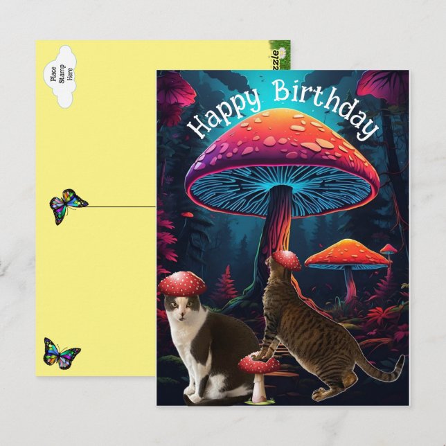 Postale Carte d'anniversaire Champignons et Chats (Devant / Derrière)