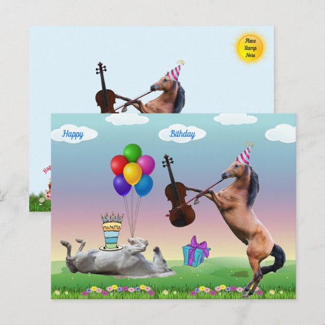 Postale Carte d'anniversaire Cheval Jouant du Violon (Devant / Derrière)