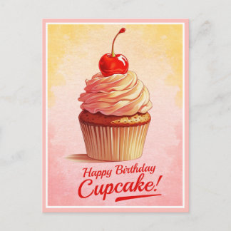 Postale Carte d'anniversaire Cupcake Jaune Rose Vintage