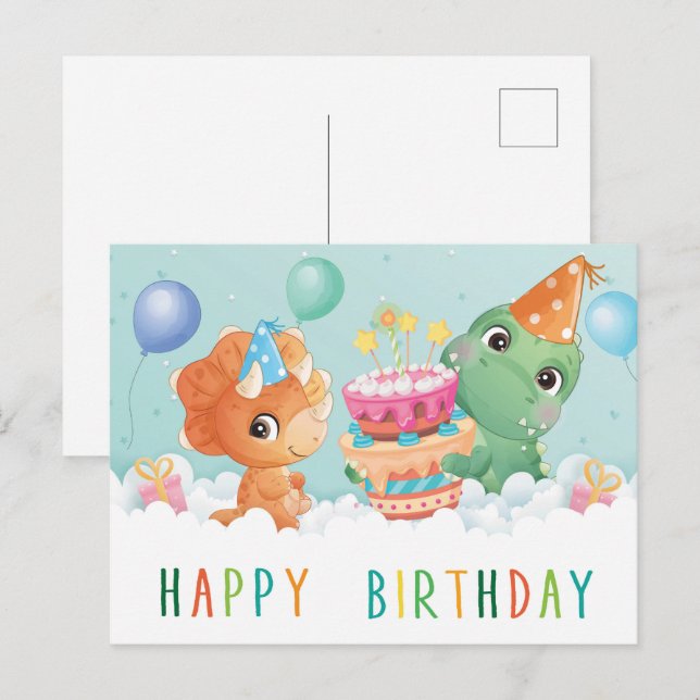 Postale carte d'anniversaire de dinosaure mignon (Devant / Derrière)