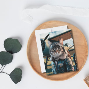 Postale Carte d'anniversaire drôle de chat pilote et d'avi
