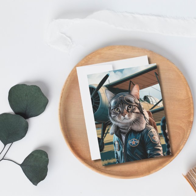 Postale Carte d'anniversaire drôle de chat pilote et d'avi (Créateur téléchargé)