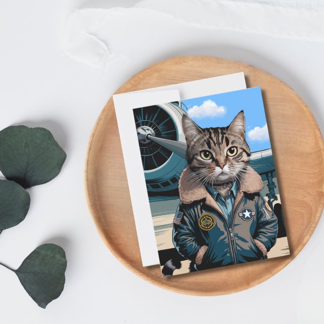 Postale Carte d'anniversaire drôle de chat pilote et d'avi (Front )
