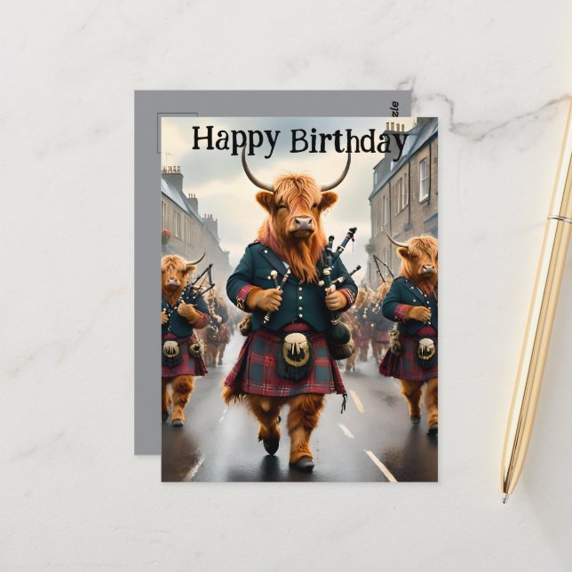 Postale Carte d'anniversaire du groupe de cornemuses Highl (Devant/Arrière en situation)