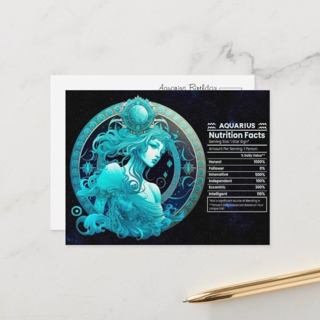 Postale Carte d'anniversaire du signe du zodiaque Verseau (Devant/Arrière en situation)