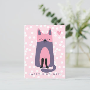 Postale Carte d'anniversaire enfantin avec un chat violet 