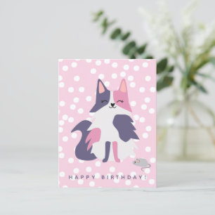 Postale Carte d'anniversaire enfantine avec chat rose et v