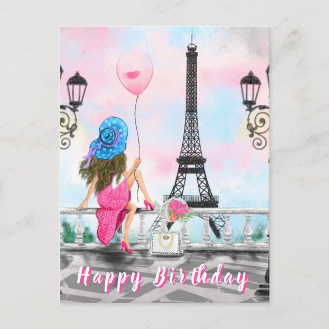 Postale Carte d'anniversaire Femme avec ballon rose à Pari (Devant)