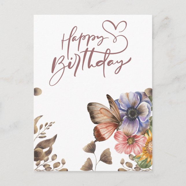Postale Carte d'anniversaire florale élégante Boho papillo (Devant)