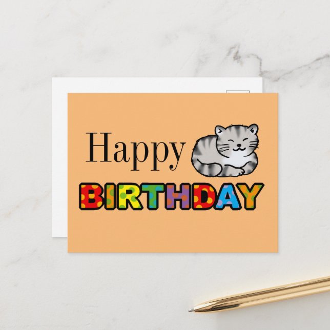 Postale carte d'anniversaire heureuse de chat tigre gris (Devant/Arrière en situation)