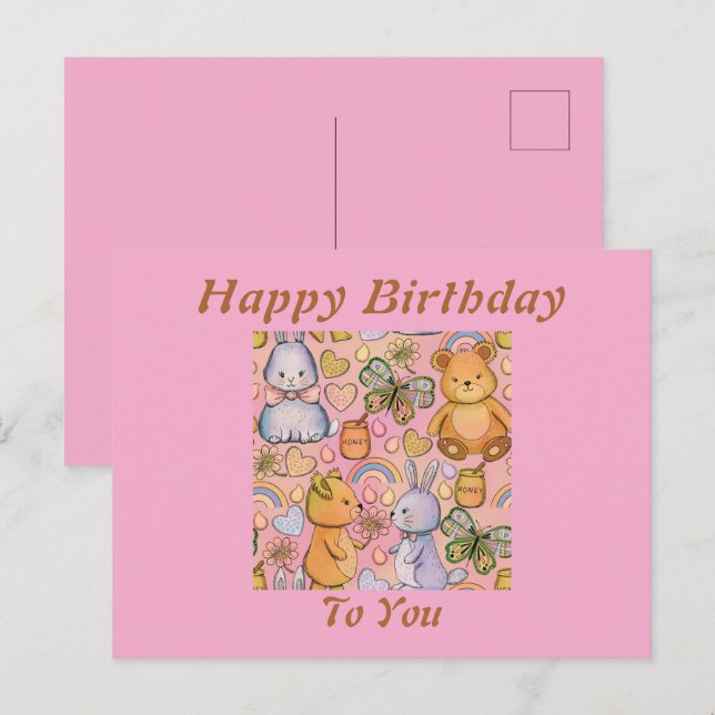 Postale Carte d'anniversaire lapin et ours (Devant / Derrière)