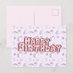 Postale Carte d'anniversaire licorne rose mignonne 