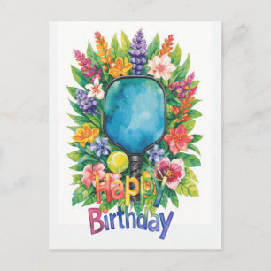 Postale Carte d'anniversaire Pickleball avec des fleurs 