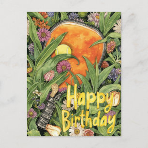 Postale Carte d'anniversaire Pickleball avec des fleurs 