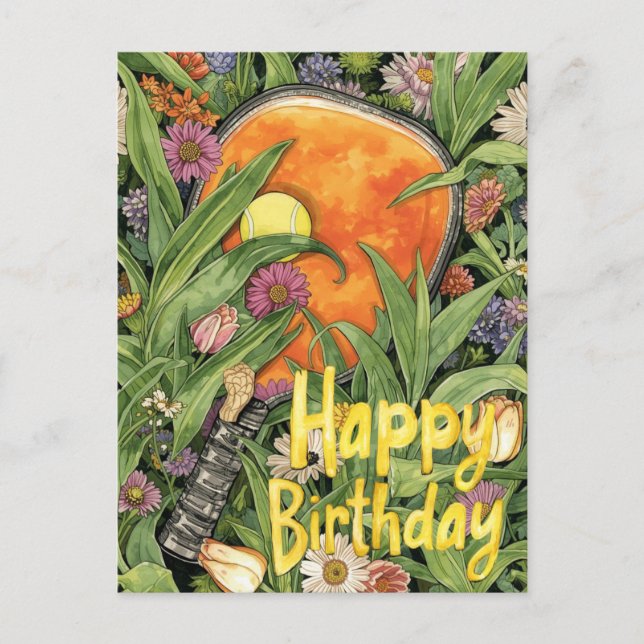 Postale Carte d'anniversaire Pickleball avec des fleurs  (Devant)