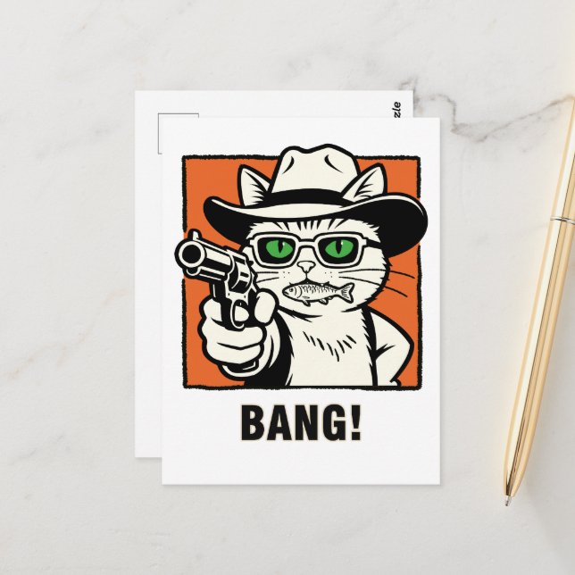 Postale Carte d'anniversaire pour chat cowboy - 'BANG' Hum (Devant/Arrière en situation)