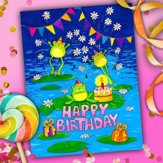 Postale Carte d'anniversaire Rétro Grenouilles & Nénuphars (Créateur téléchargé)