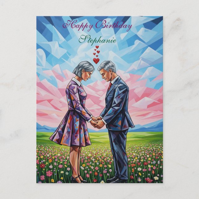 Postale Carte d'anniversaire romantique avec couple dans u (Devant)