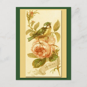 Postale Carte D'Anniversaire vintage Avec Oiseau Et Rose
