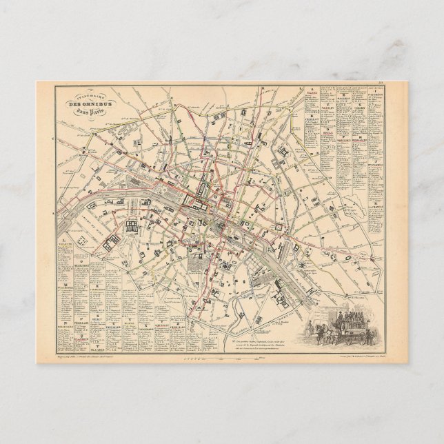 Postale Carte de 1858 : Itinéraire des Omnibus dans Paris  (Devant)
