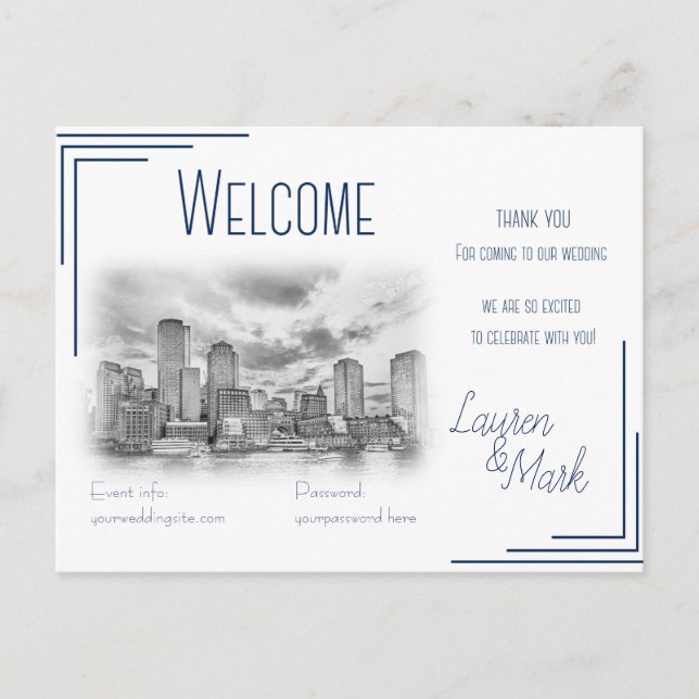 Postale Carte de bienvenue de mariage avec vue sur Boston  (Devant)