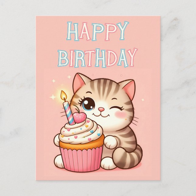 Postale Carte de bonne anniversaire chat gâteau (Devant)