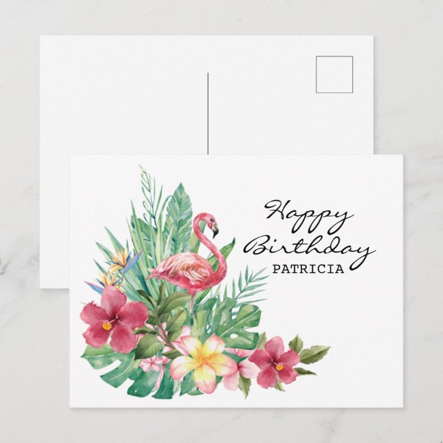 Postale Carte de bonne anniversaire flamant rose (Devant / Derrière)