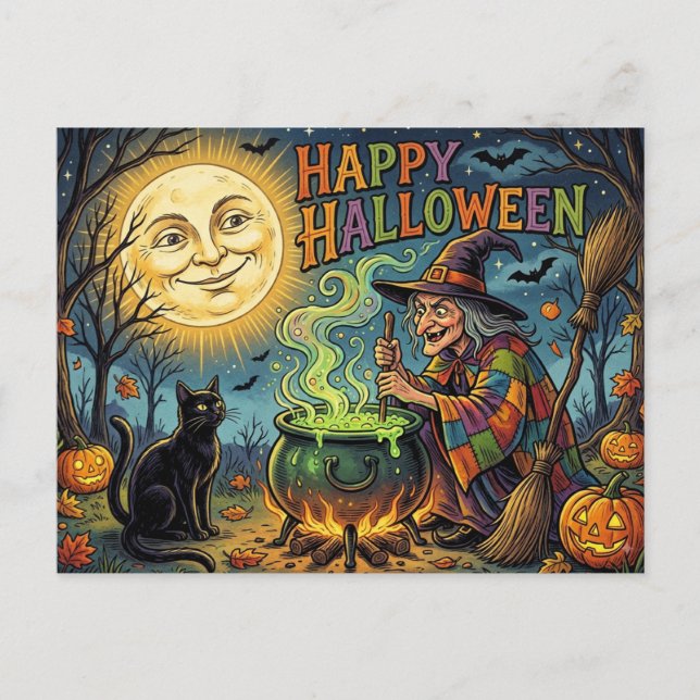 Postale Carte de Bonne Halloween, Sorcière Rétro des Année (Devant)