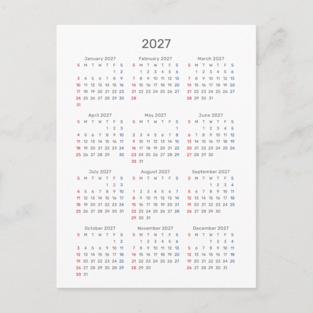 Postale Carte de calendrier 2027 : début dimanche, noir et (Devant)