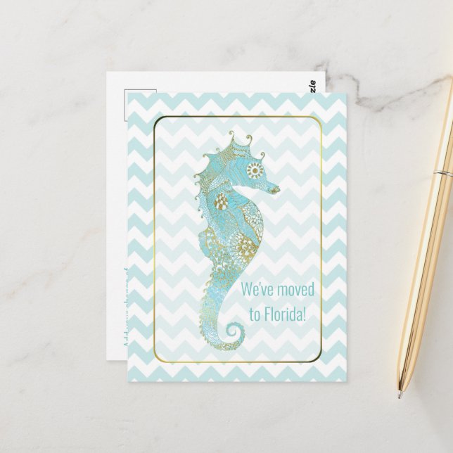 Postale Carte de Changement d'Adresse Hippocampe Turquoise (Devant/Arrière en situation)