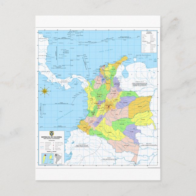Postale Carte de Colombie Map of Colombia (Devant)