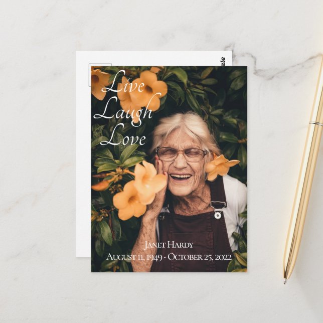 Postale Carte de condoléances funéraire Live Laugh Love (Devant/Arrière en situation)