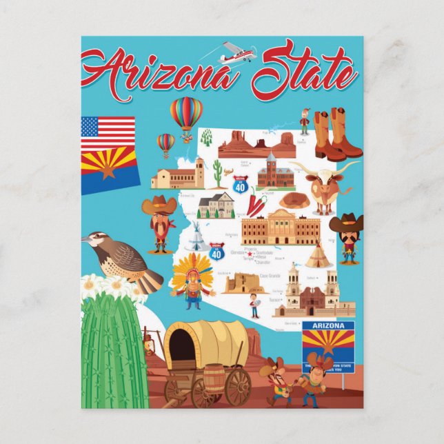 Postale Carte de dessin de l'Arizona (Devant)