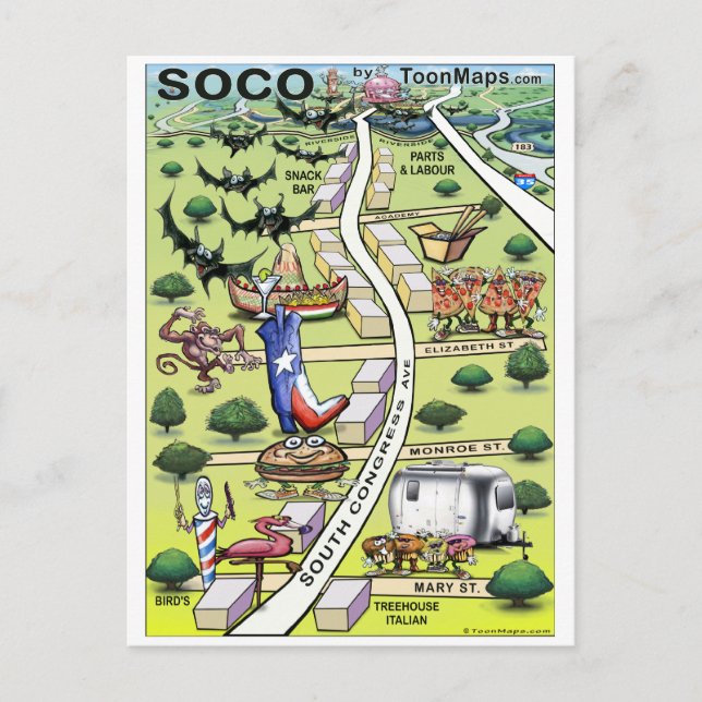 Postale Carte de dessin de South Congress Ave ATX (Devant)