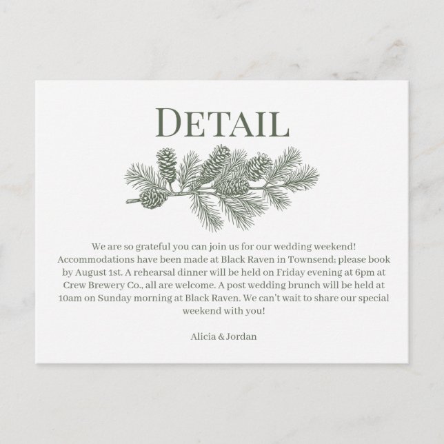 Postale Carte de détails de mariage avec branchage de pin  (Devant)