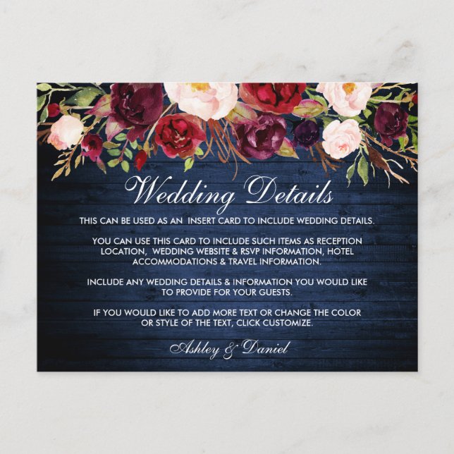 Postale Carte de détails du Mariage en bois bleu rustique (Devant)