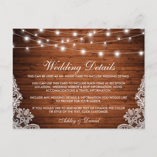 Postale Carte de détails du Mariage en dentelle rustique (Devant)