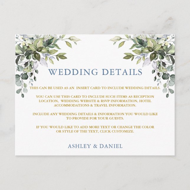 Postale Carte de détails du Mariage vert Dusty Blue Gold (Devant)