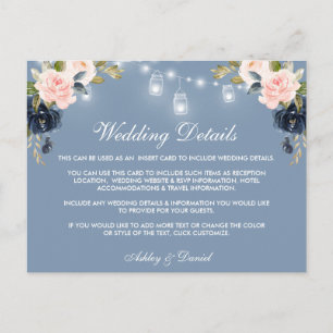 Postale Carte de détails Mariage Dusty Blue Pink Floral Li