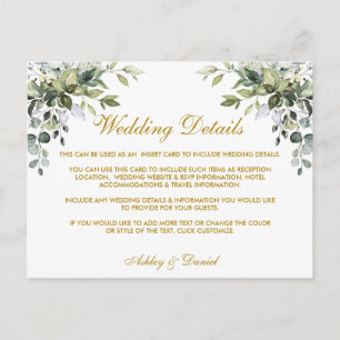 Postale Carte de détails Mariage or Watercolor Greenery