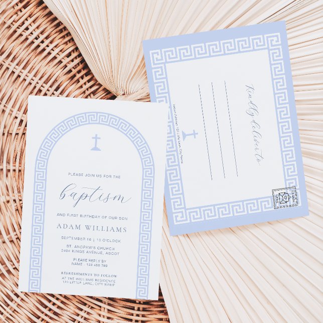 Postale Carte de faire-part de baptême bleu et blanc à clé (Baptism Invitation Postcard Greek Key White Blue )