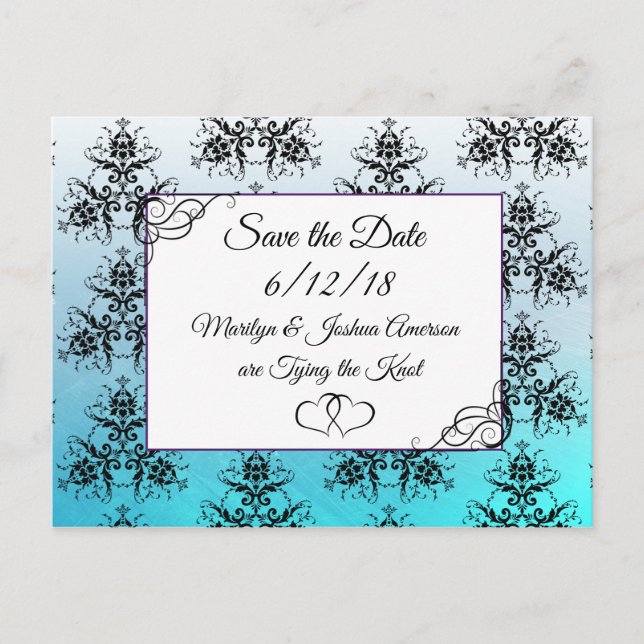 Postale Carte de faire-part de mariage en damas bleu aqua (Devant)