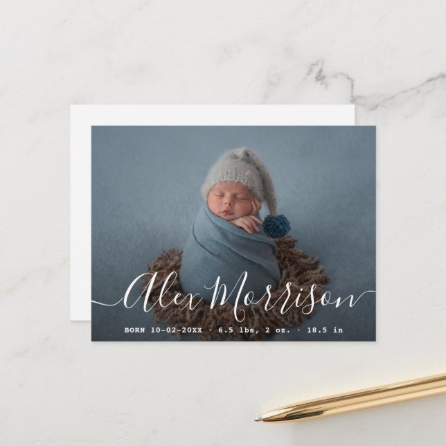 Postale carte de faire-part de naissance de bébé en lettre (Devant/Arrière en situation)