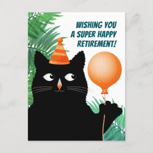 Postale Carte de fête de retraite avec chat noir et ballon