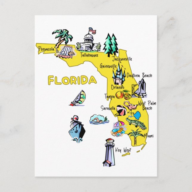 Postale Carte de Floride avec les grandes villes Destinati (Devant)