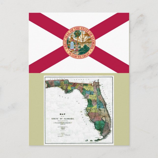 Postale Carte de Floride et drapeau de l'État (Devant)
