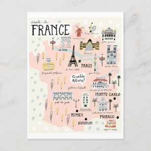 Postale Carte de France avec destinations touristiques